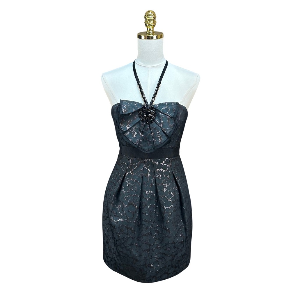 BCBG MAX AZRIA Women‎ Black Metallic Lace Jewel Halter Cocktail Dress Size 0 - Picture 2 of 9